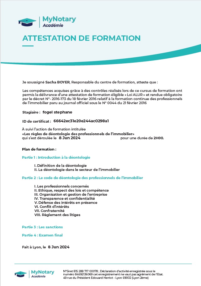 Attestation de formation déontologie